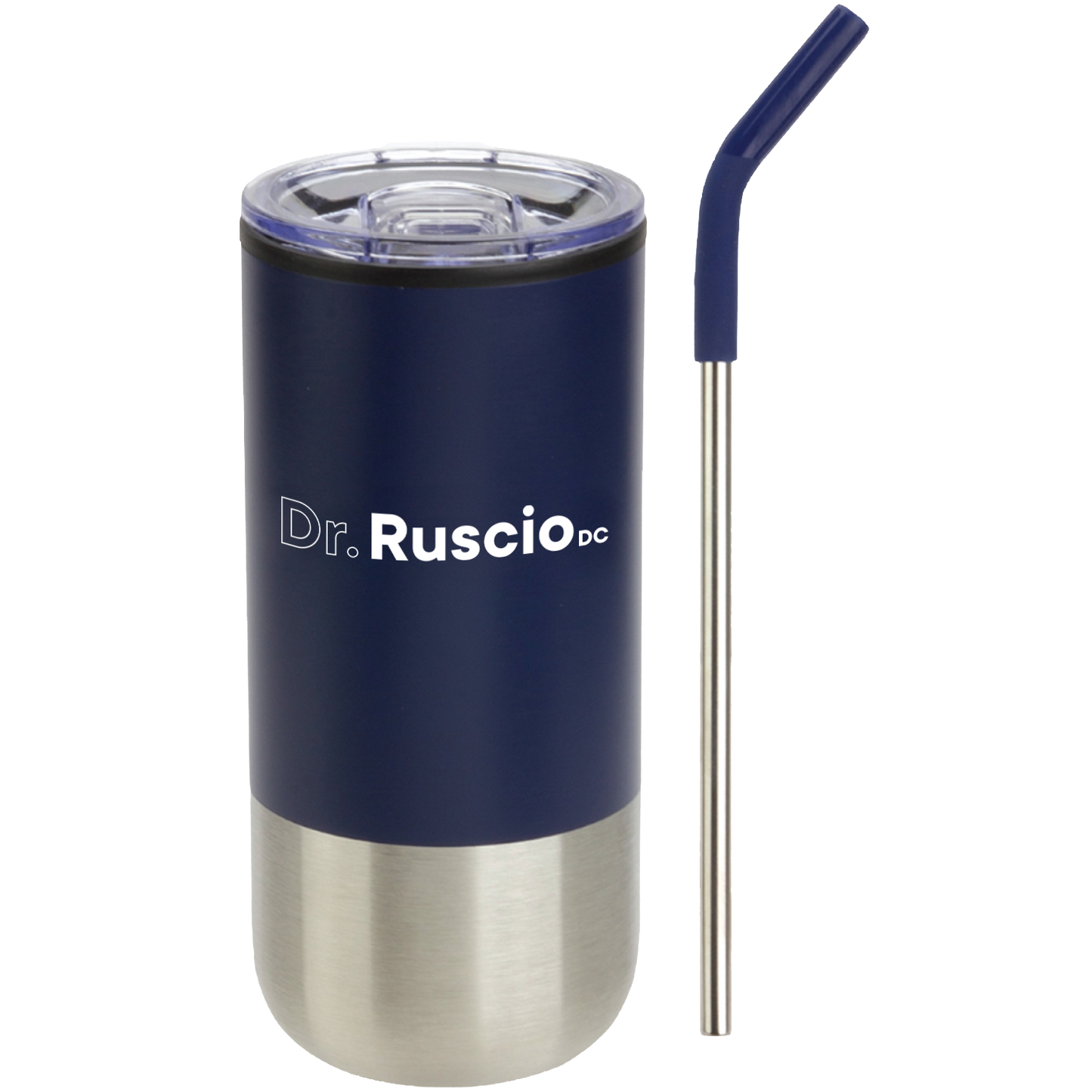 Navy blue tumbler with silver base and straw, featuring 'Dr. Ruscio DC' branding.