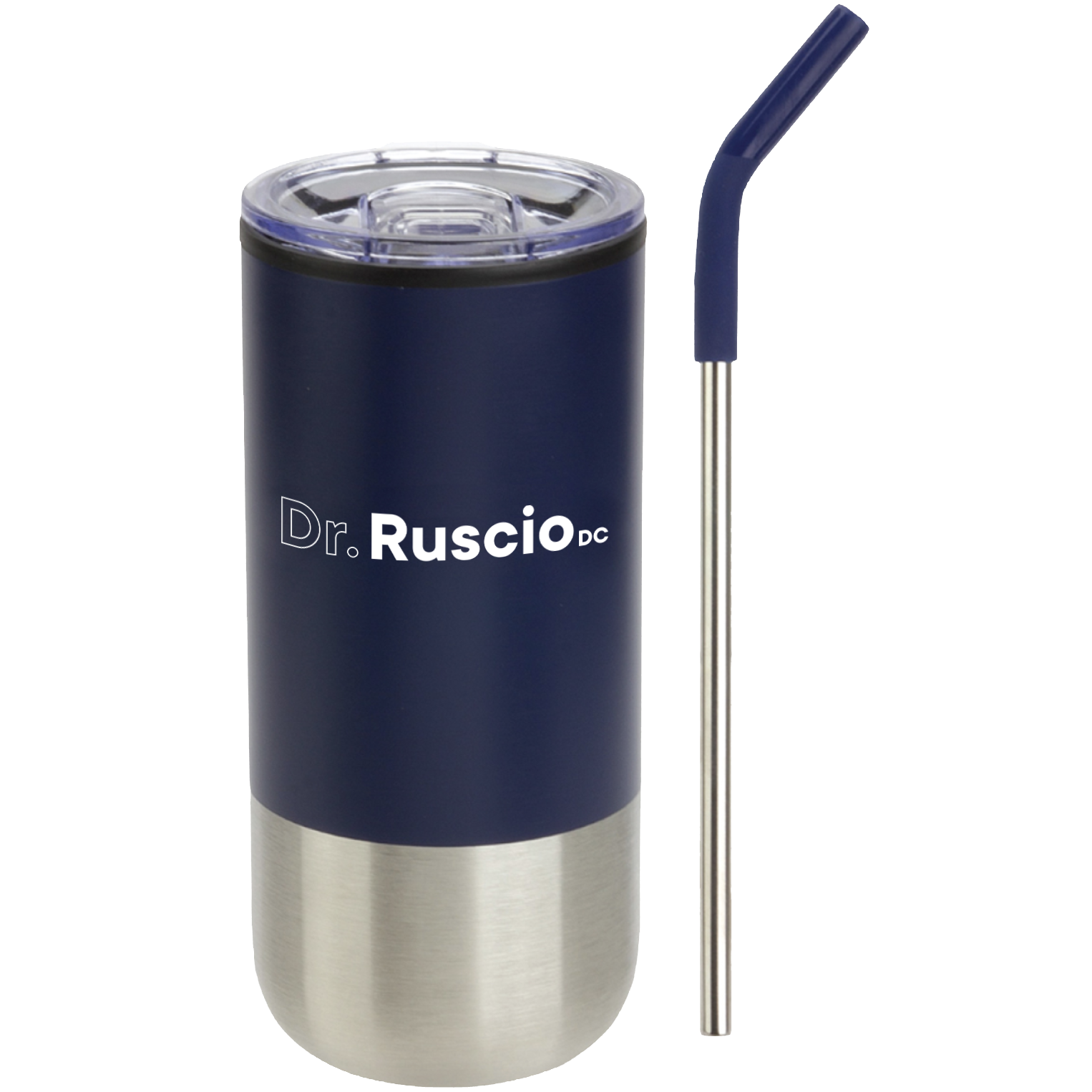Navy blue tumbler with silver base and straw, featuring 'Dr. Ruscio DC' branding.